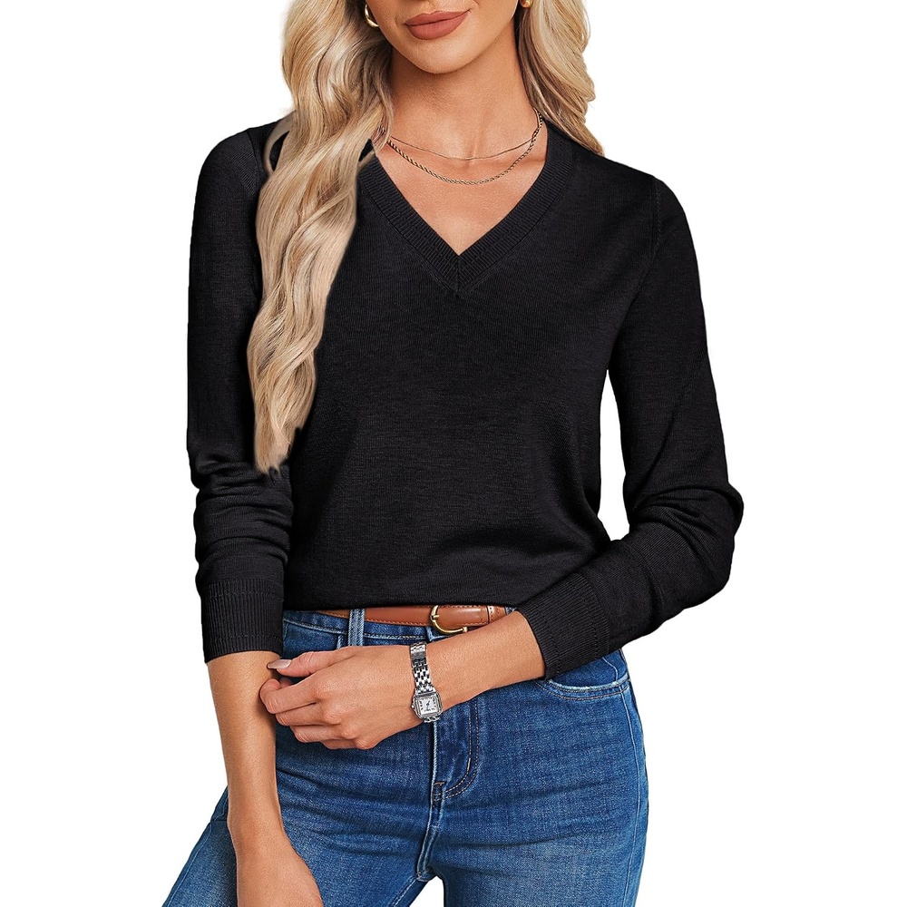 image:imageGRACE KARIN Long Sleeve V Neck Sweaters for Women Lightweight Fall Fashion Knitted Pullover Sweaters Tops Dressy OutfitsBlack