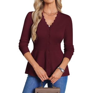 GRACE KARIN Cardigan Sweaters for Women Lightweight, Long Sleeve Knit Blazer, V Neck Scalloped Button Up Peplum Tops(Wine)
