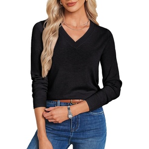 GRACE KARIN Long Sleeve V Neck Sweaters for Women Lightweight Fall Fashion Knitted Pullover Sweaters Tops Dressy Outfits(Black)