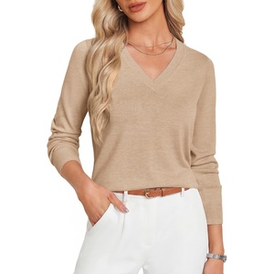 GRACE KARIN Long Sleeve V Neck Sweaters for Women Lightweight Fall Fashion Knitted Pullover Sweaters Tops Dressy Outfits(Heather Khaki)