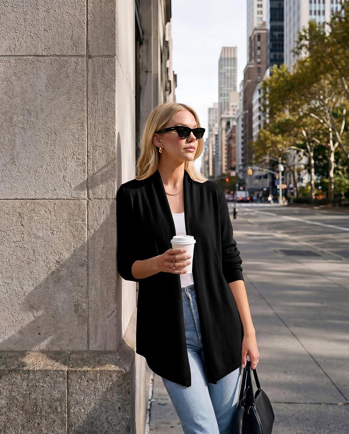 image:imageGRACE KARIN Long Cardigans for Women Lightweight Open Front Draped Sweaters Knit Cardigan Sweaters Business Casual Dusters Fall Outfits For Women Long Sweater Cardigan WomenBlack