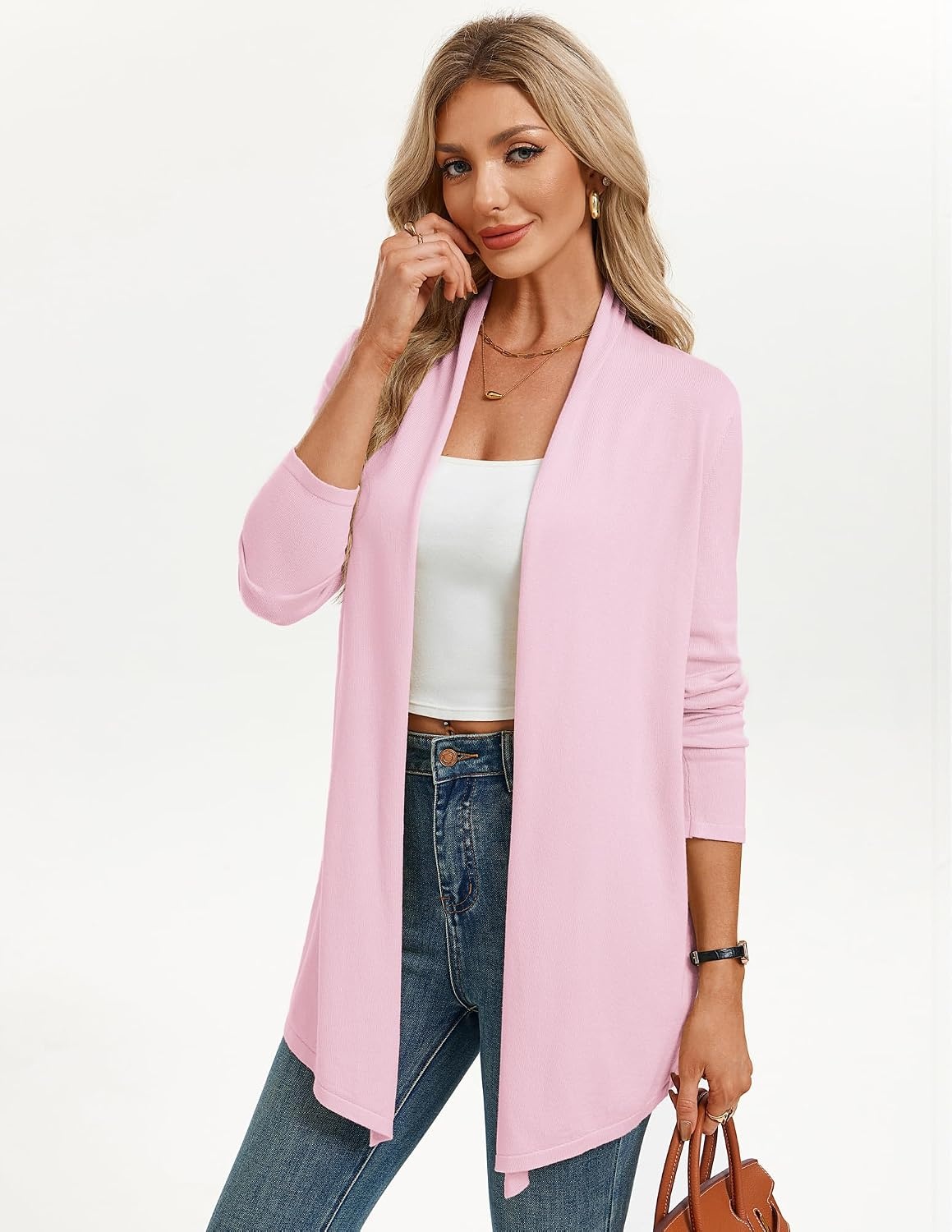 image:imageGRACE KARIN Long Cardigans for Women Lightweight Open Front Draped Sweaters Knit Cardigan Sweaters Business Casual Dusters Fall Outfits For Women Long Sweater Cardigan WomenLight Pink