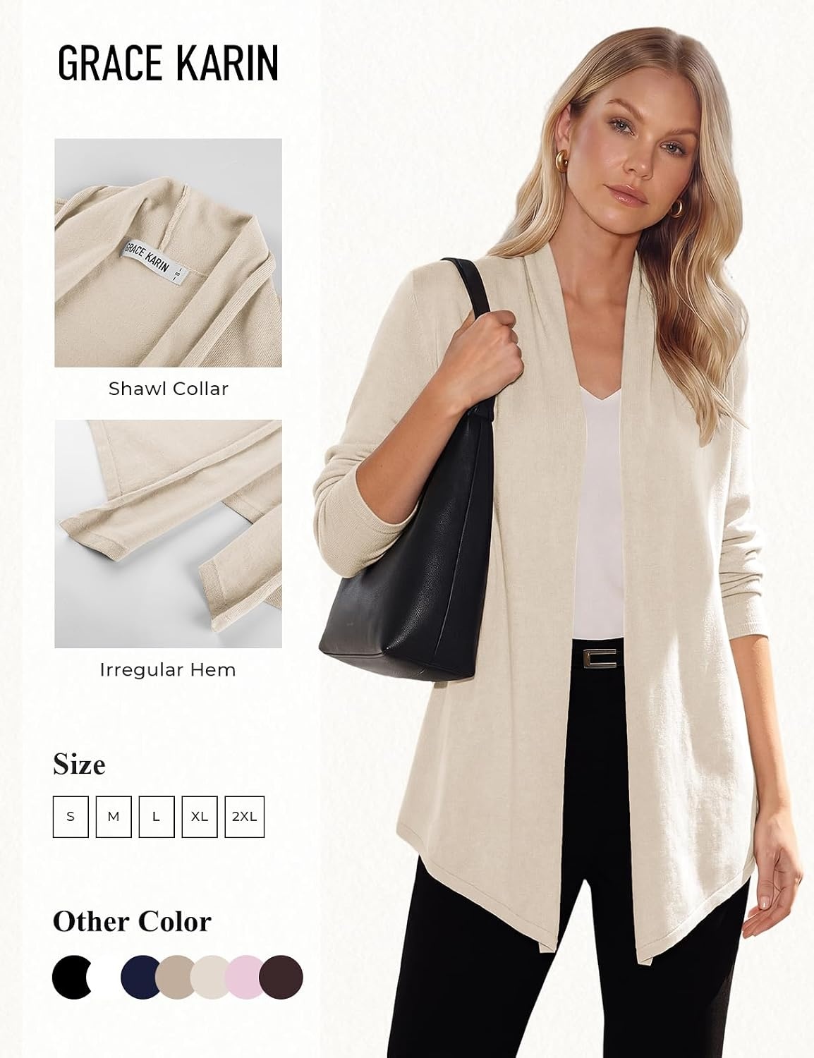 image:imageGRACE KARIN Long Cardigans for Women Lightweight Open Front Draped Sweaters Knit Cardigan Sweaters Business Casual Dusters Fall Outfits For Women Long Sweater Cardigan WomenBeige