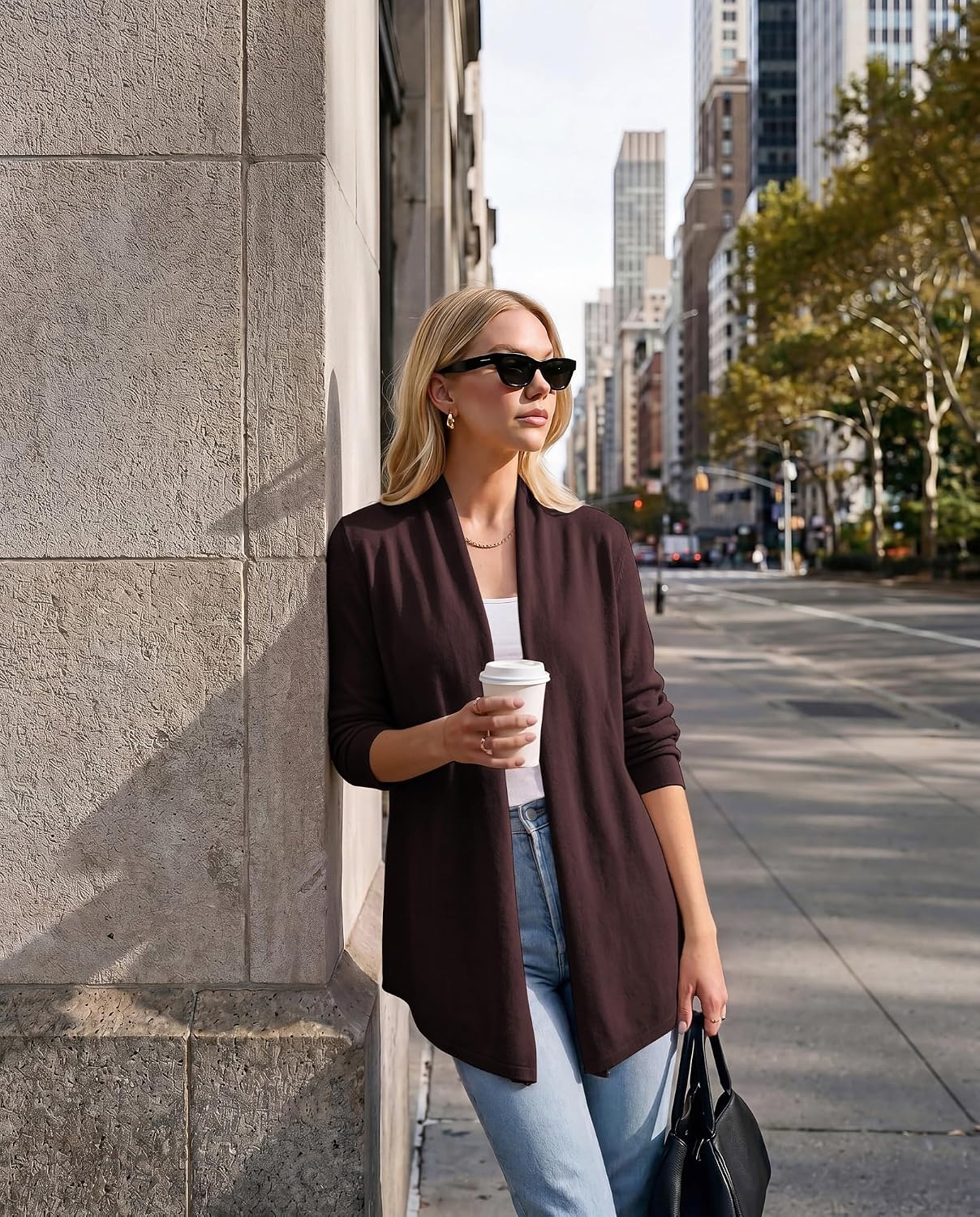 image:imageGRACE KARIN Long Cardigans for Women Lightweight Open Front Draped Sweaters Knit Cardigan Sweaters Business Casual Dusters Fall Outfits For Women Long Sweater Cardigan WomenCoffee