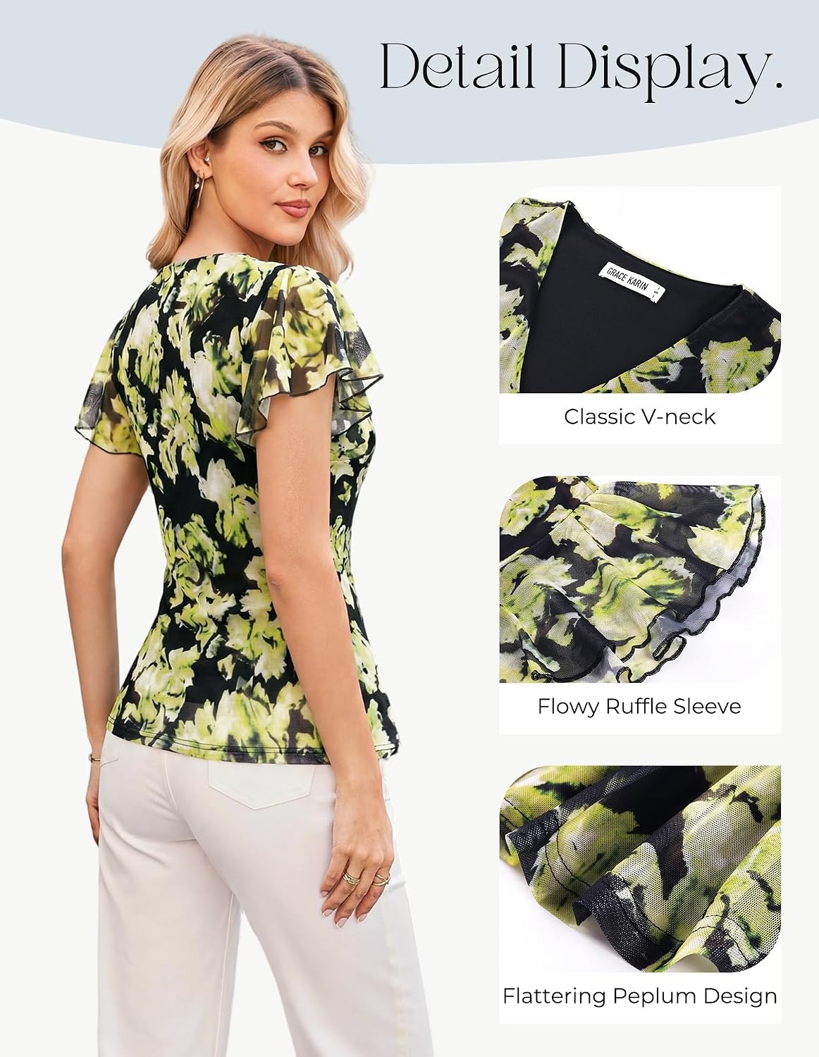 image:imageGRACE KARIN Women Boho Mesh Tops Dressy Casual Ruffle Sleeve Blouses Floral Peplum Work Shirts 2026 Summer Trendy ClothesBlack Green Floral