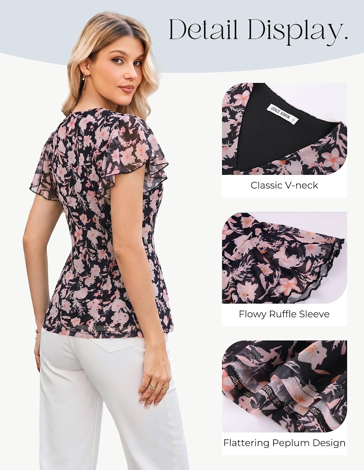 image:imageGRACE KARIN Women Boho Mesh Tops Dressy Casual Ruffle Sleeve Blouses Floral Peplum Work Shirts 2026 Summer Trendy ClothesBlack Pink Floral