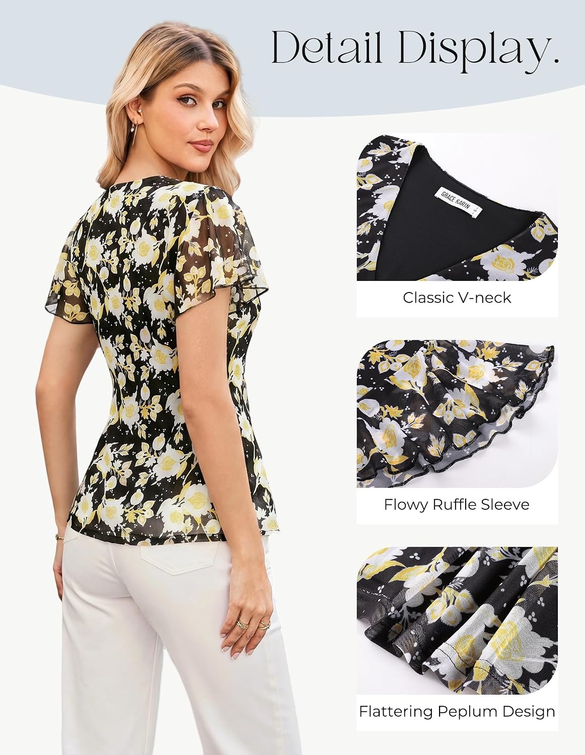 image:imageGRACE KARIN Women Boho Mesh Tops Dressy Casual Ruffle Sleeve Blouses Floral Peplum Work Shirts 2026 Summer Trendy ClothesBlack Yellow Floral