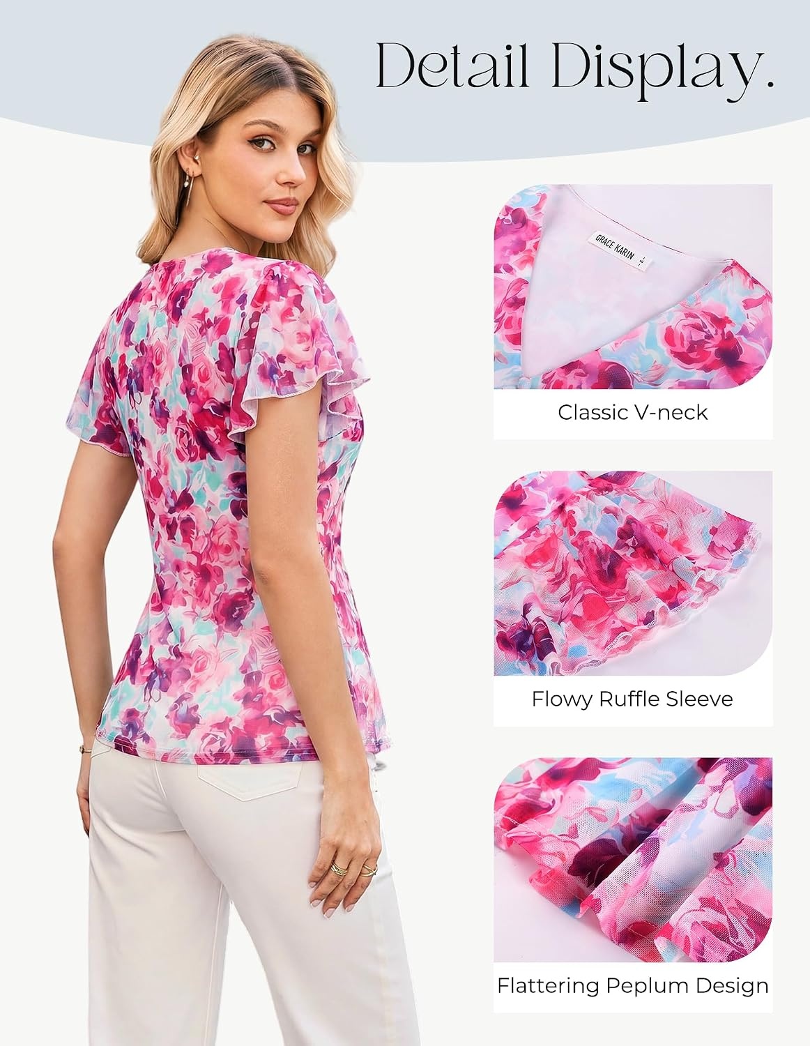image:imageGRACE KARIN Women Boho Mesh Tops Dressy Casual Ruffle Sleeve Blouses Floral Peplum Work Shirts 2026 Summer Trendy ClothesBlue Pink Floral