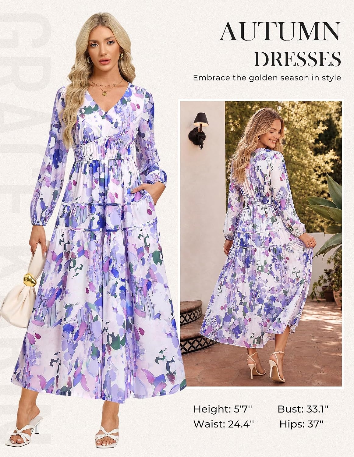 image:imageGRACE KARIN Womens Long Sleeve Floral Maxi Fall Dress 2026 High Waisted Pocket V Neck A Line Flowy Casual Modest Fall Fashion Outfit Clothes Suitable for Wedding GuestPartyDatesLight Purple Floral