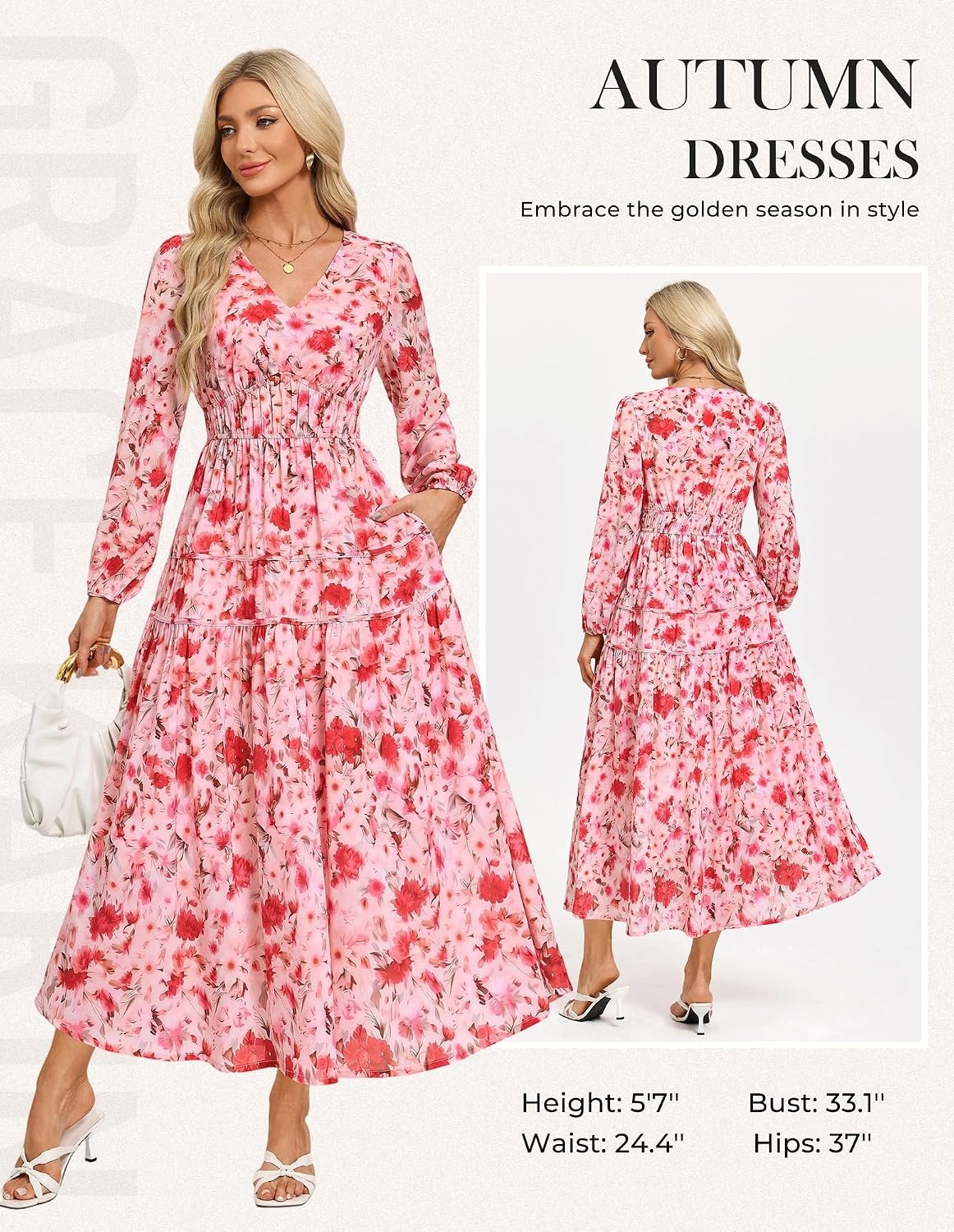 image:imageGRACE KARIN Womens Long Sleeve Floral Maxi Fall Dress 2026 High Waisted Pocket V Neck A Line Flowy Casual Modest Fall Fashion Outfit Clothes Suitable for Wedding GuestPartyDatesPink Floral