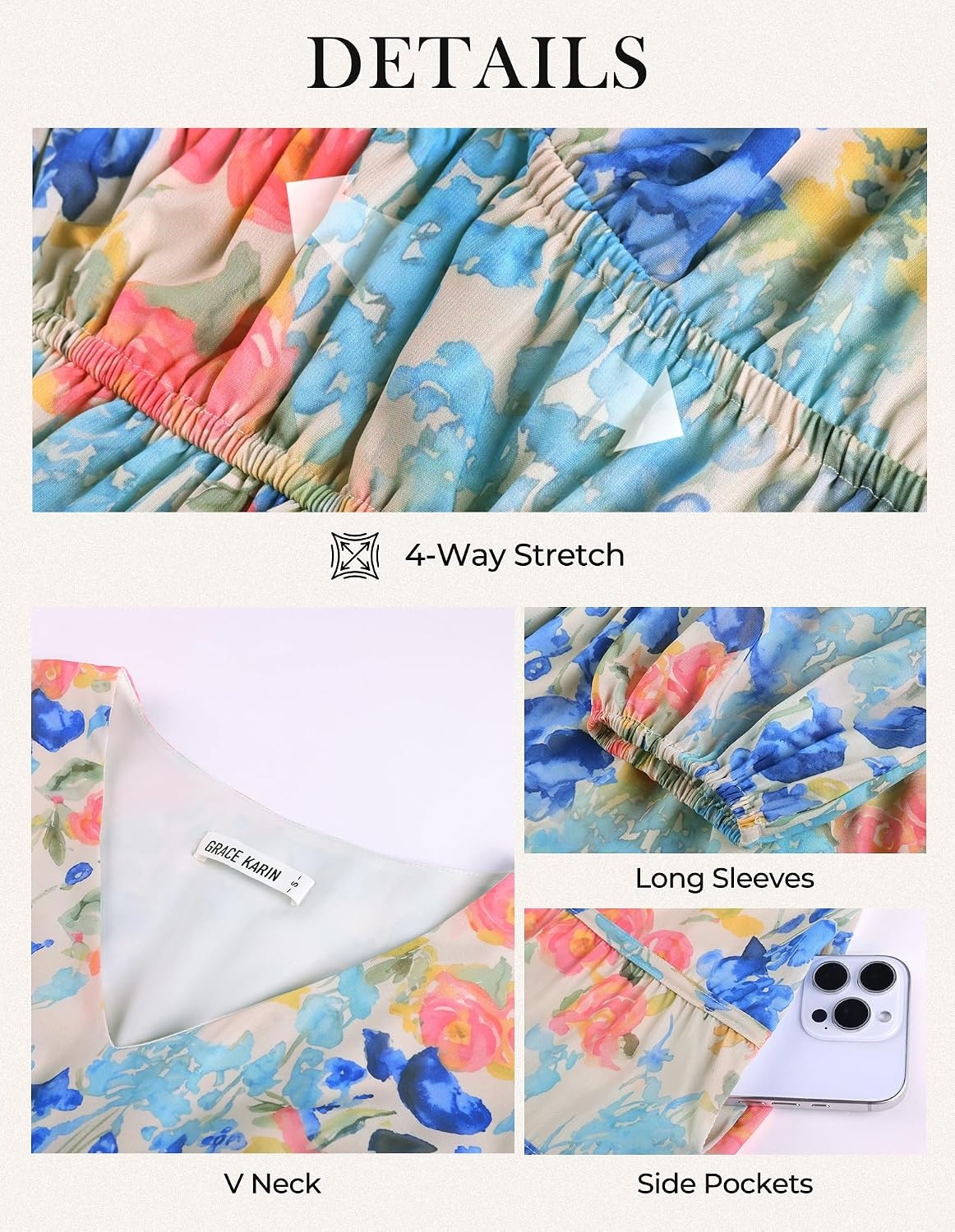 image:imageGRACE KARIN Womens Long Sleeve Floral Maxi Fall Dress 2026 High Waisted Pocket V Neck A Line Flowy Casual Modest Fall Fashion Outfit Clothes Suitable for Wedding GuestPartyDatesOrange Pink Blue Flower