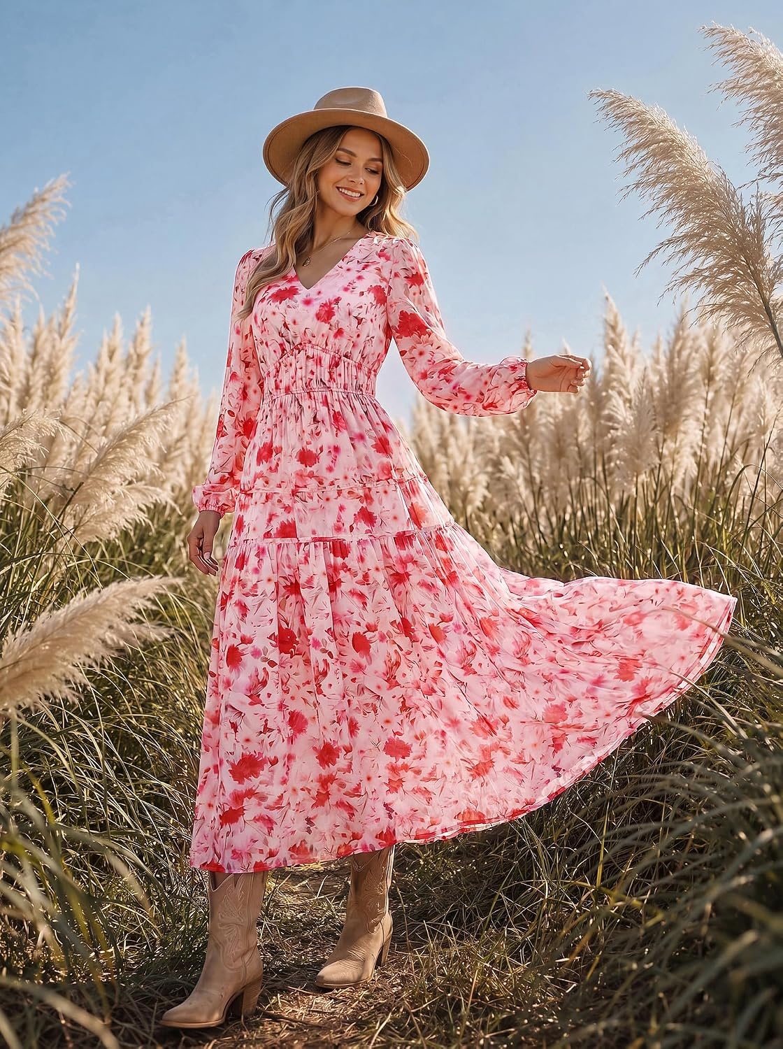 image:imageGRACE KARIN Womens Long Sleeve Floral Maxi Fall Dress 2026 High Waisted Pocket V Neck A Line Flowy Casual Modest Fall Fashion Outfit Clothes Suitable for Wedding GuestPartyDatesPink Floral