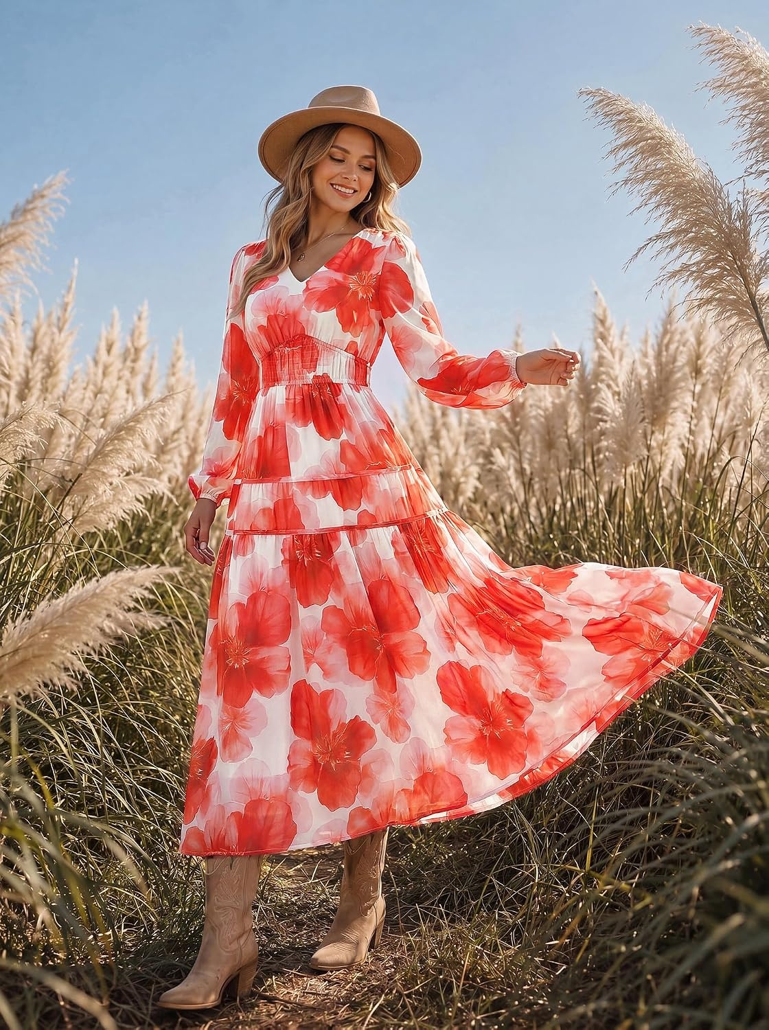 image:imageGRACE KARIN Womens Long Sleeve Floral Maxi Fall Dress 2026 High Waisted Pocket V Neck A Line Flowy Casual Modest Fall Fashion Outfit Clothes Suitable for Wedding GuestPartyDatesOrange White Flower