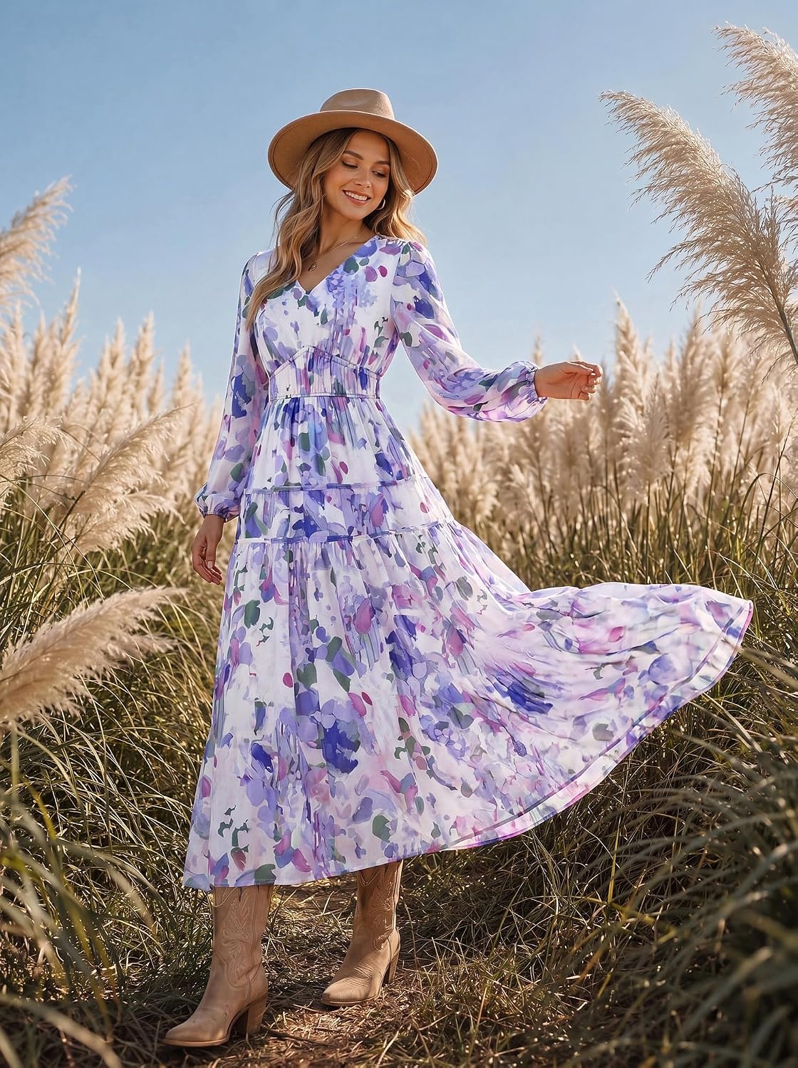 image:imageGRACE KARIN Womens Long Sleeve Floral Maxi Fall Dress 2026 High Waisted Pocket V Neck A Line Flowy Casual Modest Fall Fashion Outfit Clothes Suitable for Wedding GuestPartyDatesLight Purple Floral