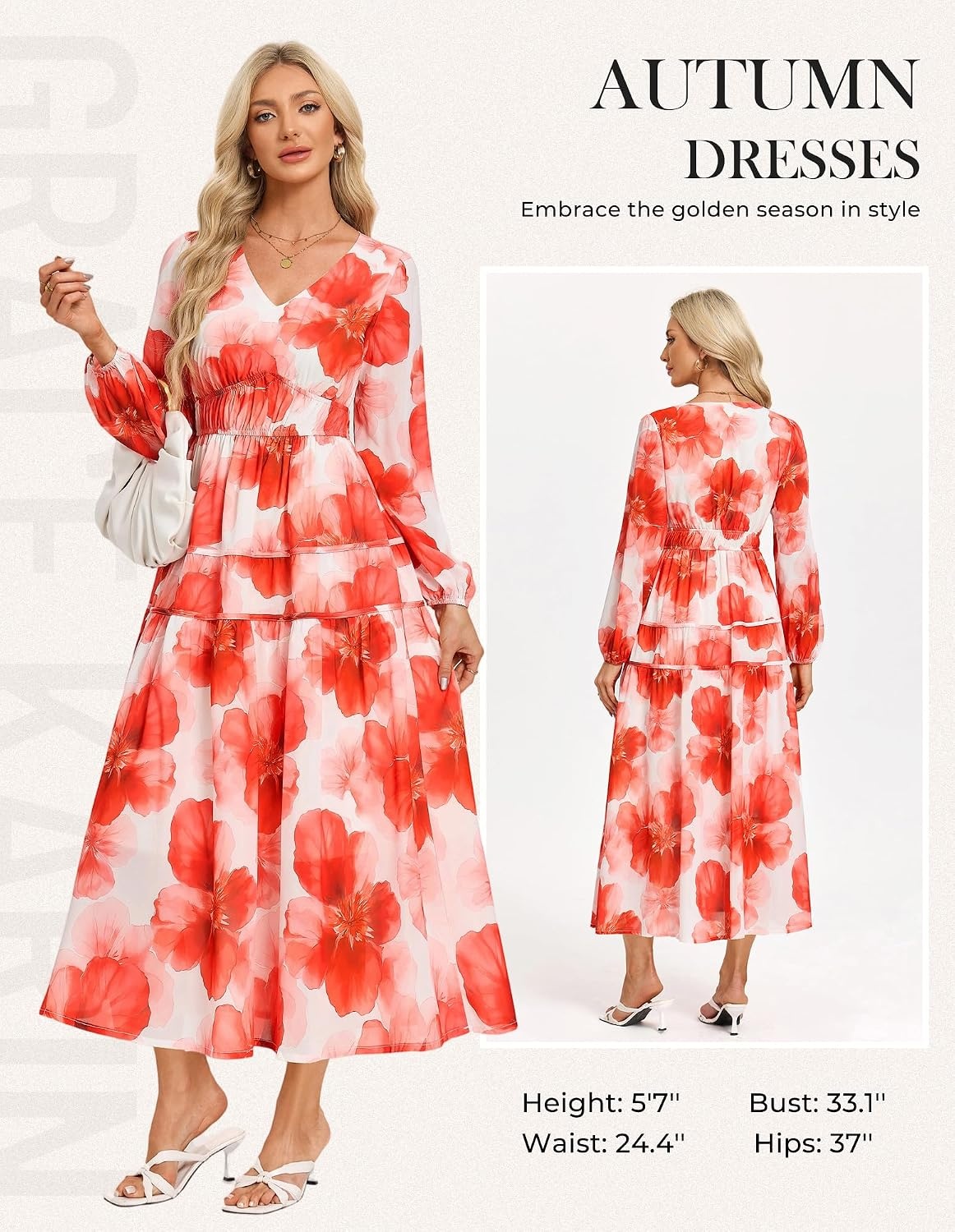 image:imageGRACE KARIN Womens Long Sleeve Floral Maxi Fall Dress 2026 High Waisted Pocket V Neck A Line Flowy Casual Modest Fall Fashion Outfit Clothes Suitable for Wedding GuestPartyDatesOrange White Flower