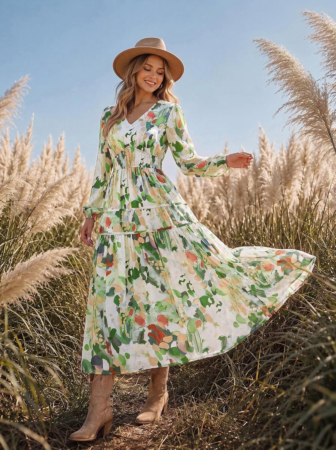 image:imageGRACE KARIN Womens Long Sleeve Floral Maxi Fall Dress 2026 High Waisted Pocket V Neck A Line Flowy Casual Modest Fall Fashion Outfit Clothes Suitable for Wedding GuestPartyDatesGreen Floral