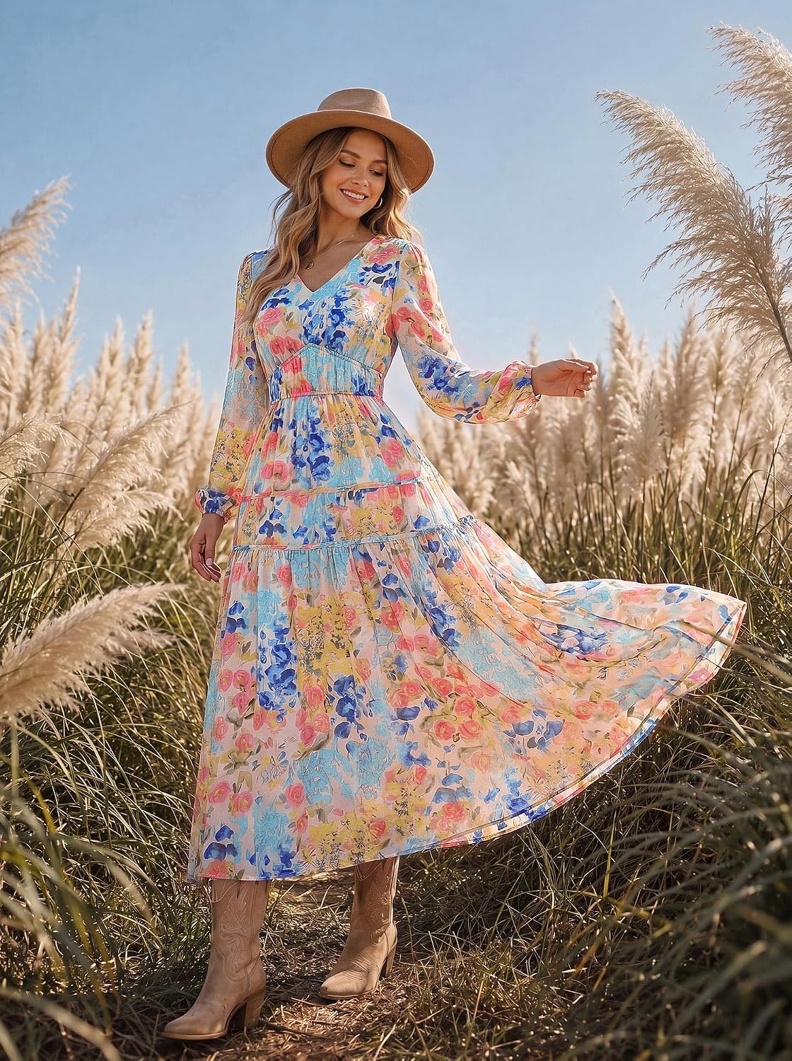 image:imageGRACE KARIN Womens Long Sleeve Floral Maxi Fall Dress 2026 High Waisted Pocket V Neck A Line Flowy Casual Modest Fall Fashion Outfit Clothes Suitable for Wedding GuestPartyDatesOrange Pink Blue Flower