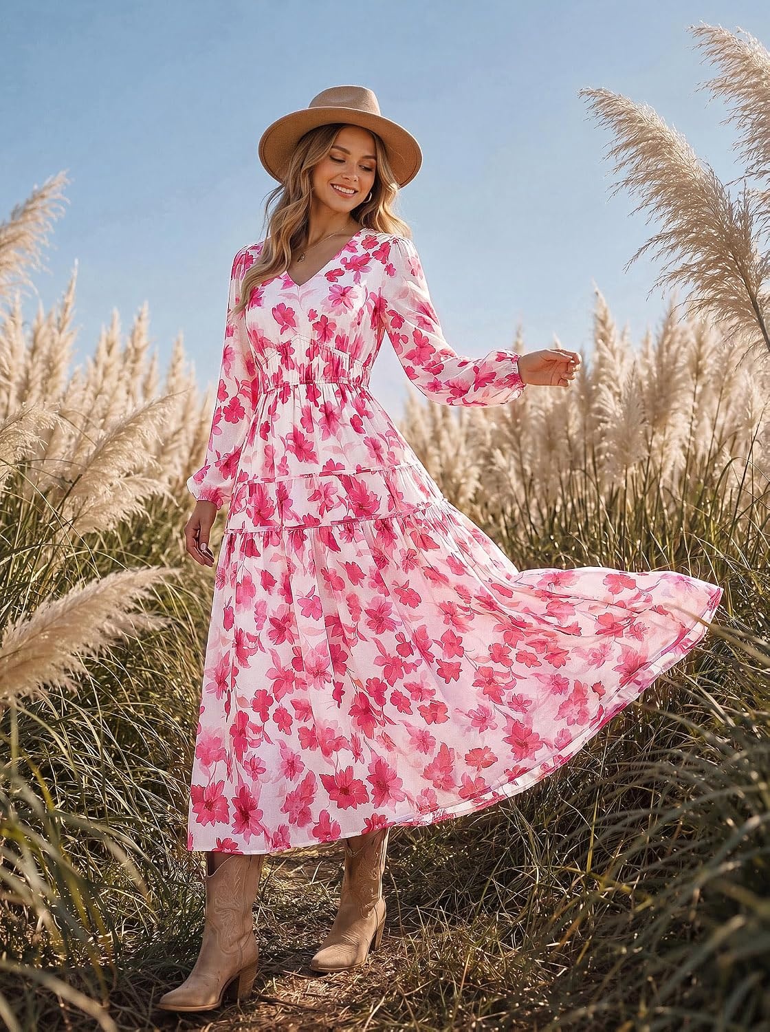 image:imageGRACE KARIN Womens Long Sleeve Floral Maxi Fall Dress 2026 High Waisted Pocket V Neck A Line Flowy Casual Modest Fall Fashion Outfit Clothes Suitable for Wedding GuestPartyDatesPink White Flower