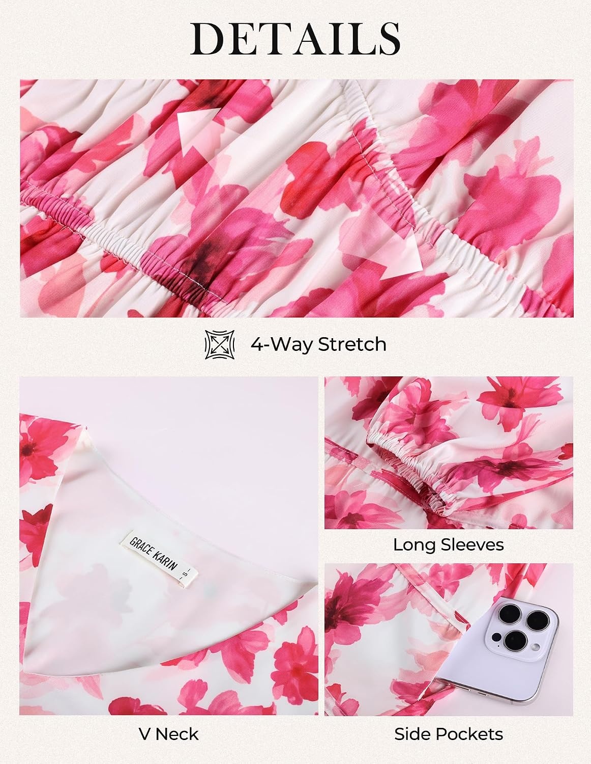 image:imageGRACE KARIN Womens Long Sleeve Floral Maxi Fall Dress 2026 High Waisted Pocket V Neck A Line Flowy Casual Modest Fall Fashion Outfit Clothes Suitable for Wedding GuestPartyDatesPink White Flower