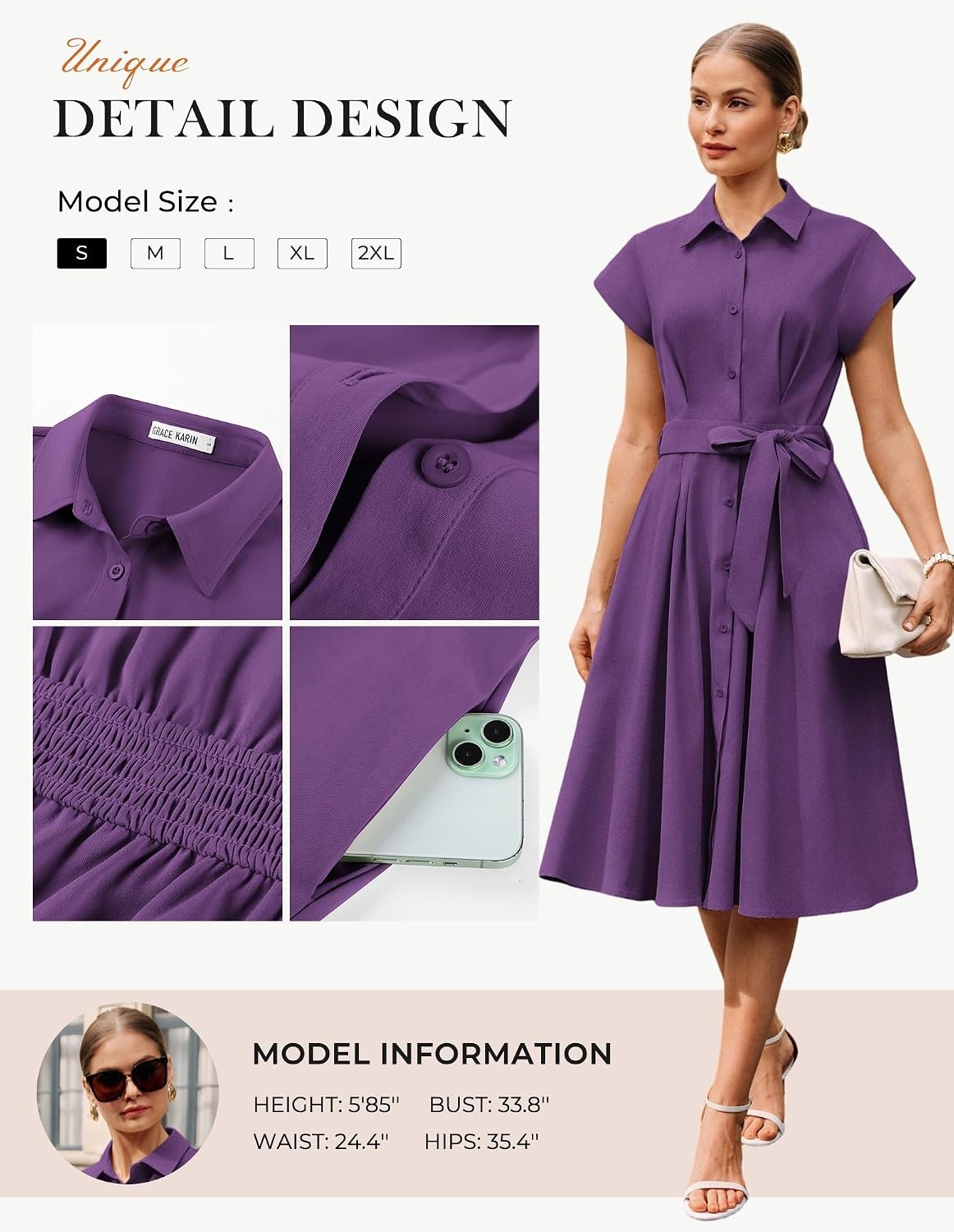 image:imageGRACE KARIN Womens Summer Work Business Casual Midi Shirt Dresses 2026 V Neck Short Sleeve Button Down Collared Belted A Line Dress with Pockets Funeral Office Church Wedding Guest OutfitsPurple