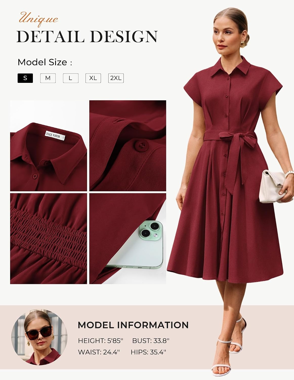 image:imageGRACE KARIN Womens Summer Work Business Casual Midi Shirt Dresses 2026 V Neck Short Sleeve Button Down Collared Belted A Line Dress with Pockets Funeral Office Church Wedding Guest OutfitsWine Red