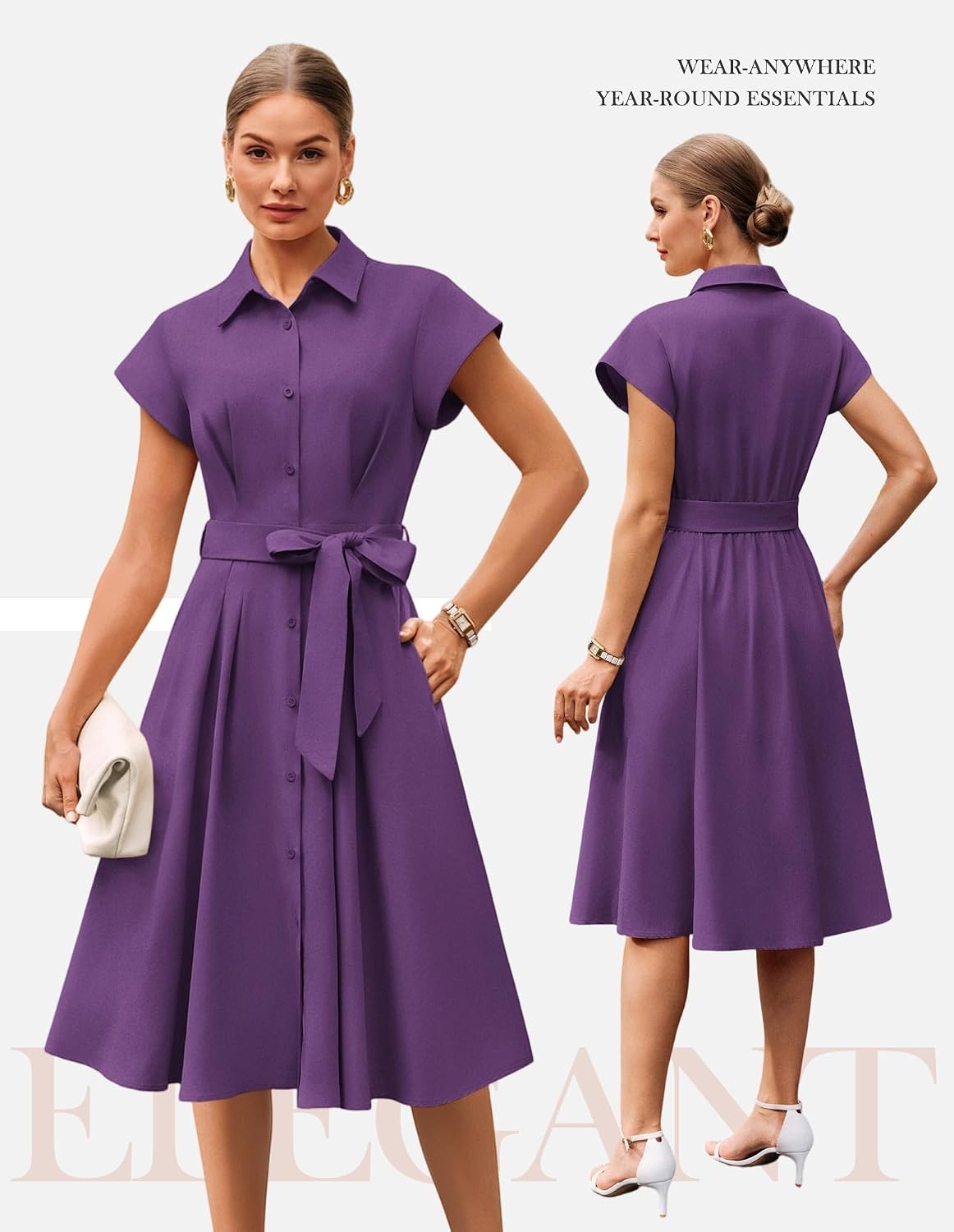 image:imageGRACE KARIN Womens Summer Work Business Casual Midi Shirt Dresses 2026 V Neck Short Sleeve Button Down Collared Belted A Line Dress with Pockets Funeral Office Church Wedding Guest OutfitsPurple