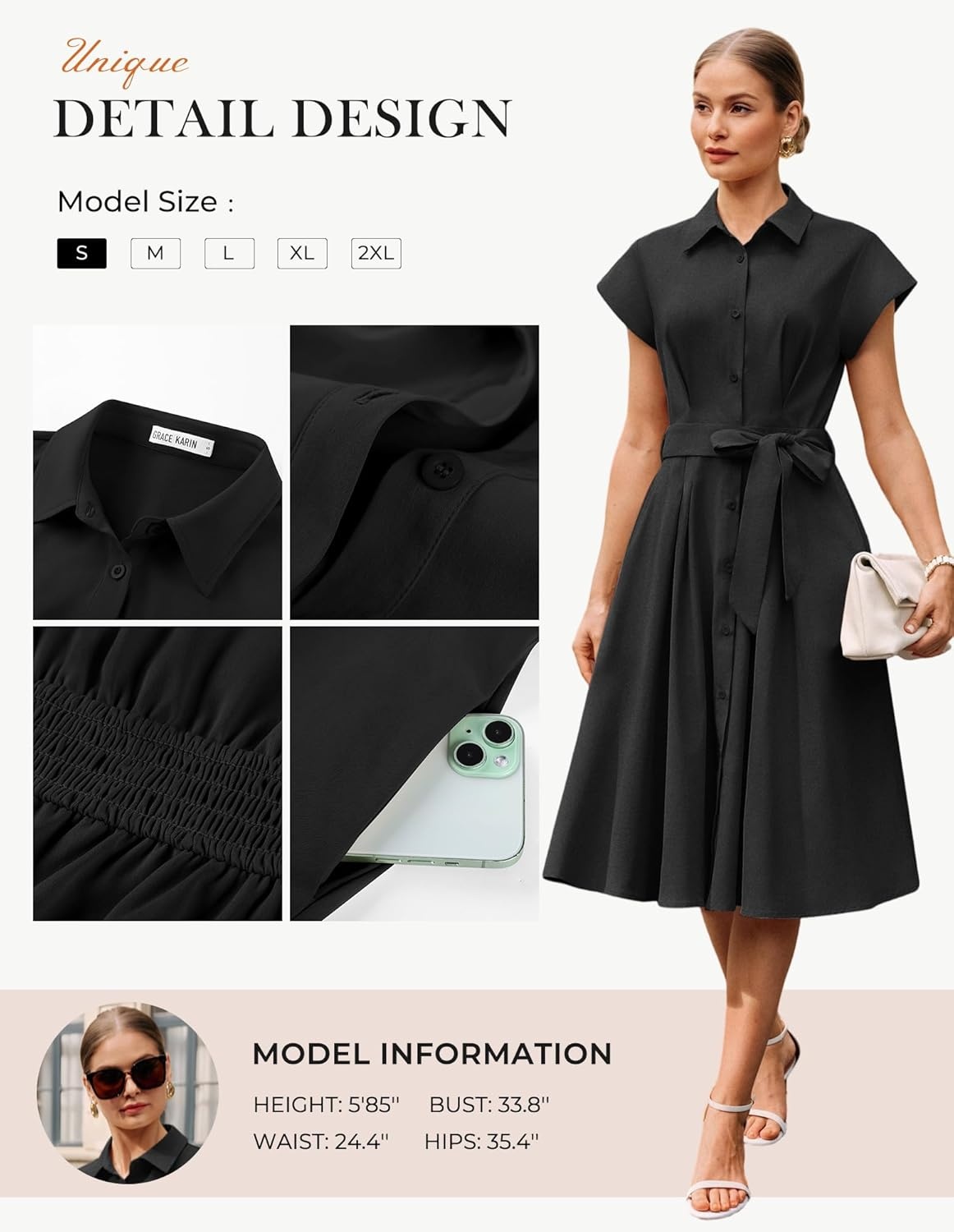 image:imageGRACE KARIN Womens Summer Work Business Casual Midi Shirt Dresses 2026 V Neck Short Sleeve Button Down Collared Belted A Line Dress with Pockets Funeral Office Church Wedding Guest OutfitsBlack