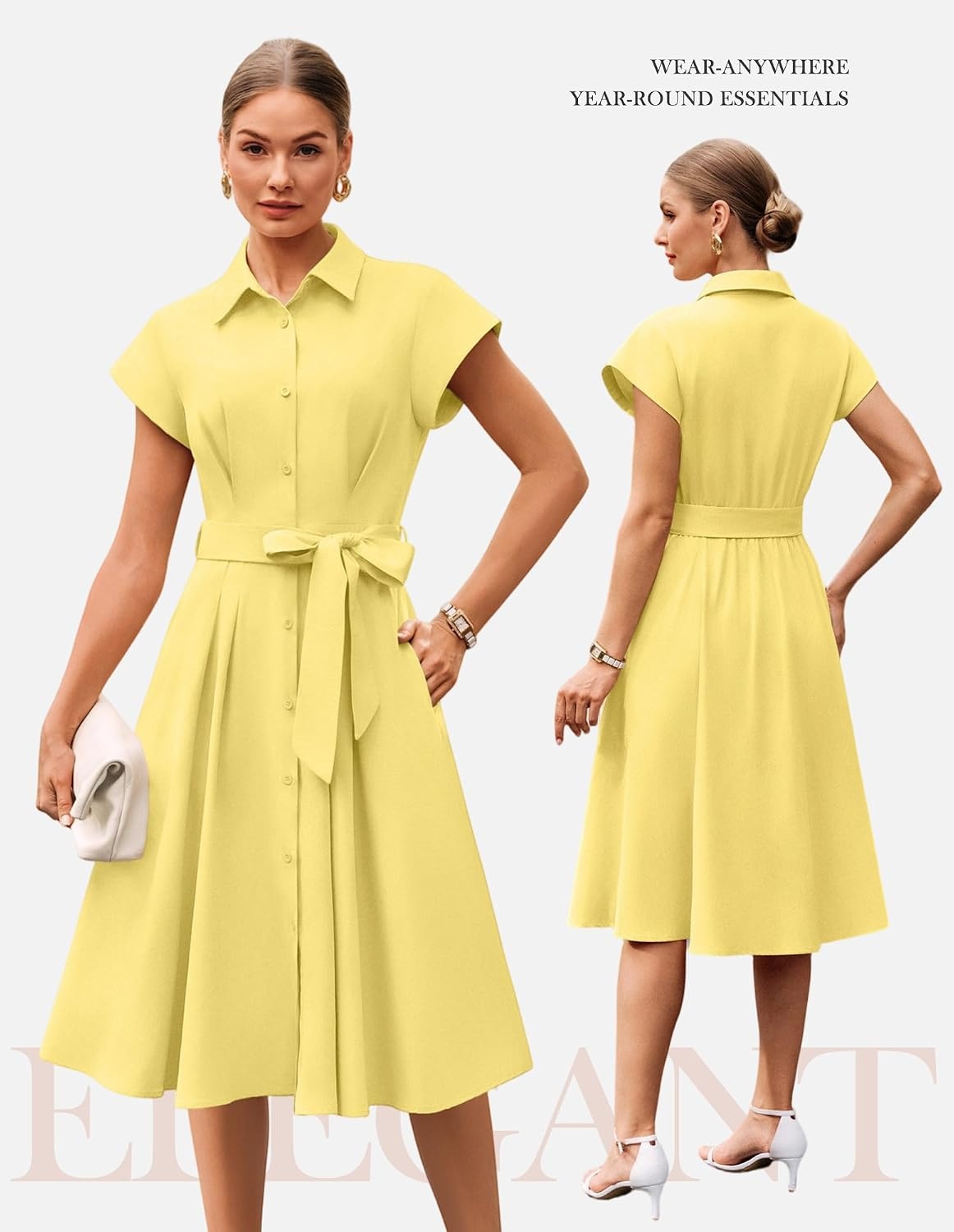 image:imageGRACE KARIN Womens Summer Work Business Casual Midi Shirt Dresses 2026 V Neck Short Sleeve Button Down Collared Belted A Line Dress with Pockets Funeral Office Church Wedding Guest OutfitsButter Yellow