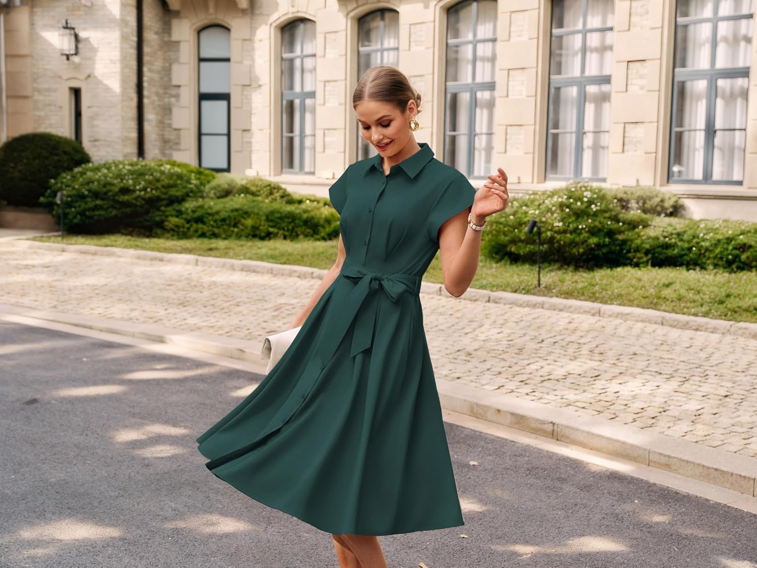 image:imageGRACE KARIN Womens Summer Work Business Casual Midi Shirt Dresses 2026 V Neck Short Sleeve Button Down Collared Belted A Line Dress with Pockets Funeral Office Church Wedding Guest OutfitsDark Green