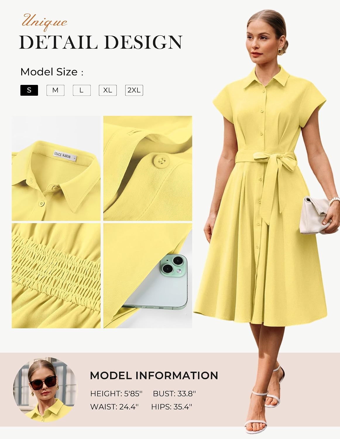 image:imageGRACE KARIN Womens Summer Work Business Casual Midi Shirt Dresses 2026 V Neck Short Sleeve Button Down Collared Belted A Line Dress with Pockets Funeral Office Church Wedding Guest OutfitsButter Yellow