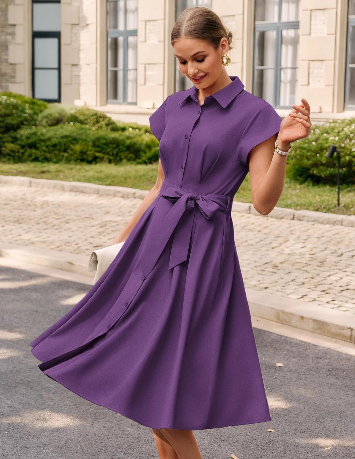 image:imageGRACE KARIN Womens Summer Work Business Casual Midi Shirt Dresses 2026 V Neck Short Sleeve Button Down Collared Belted A Line Dress with Pockets Funeral Office Church Wedding Guest OutfitsPurple