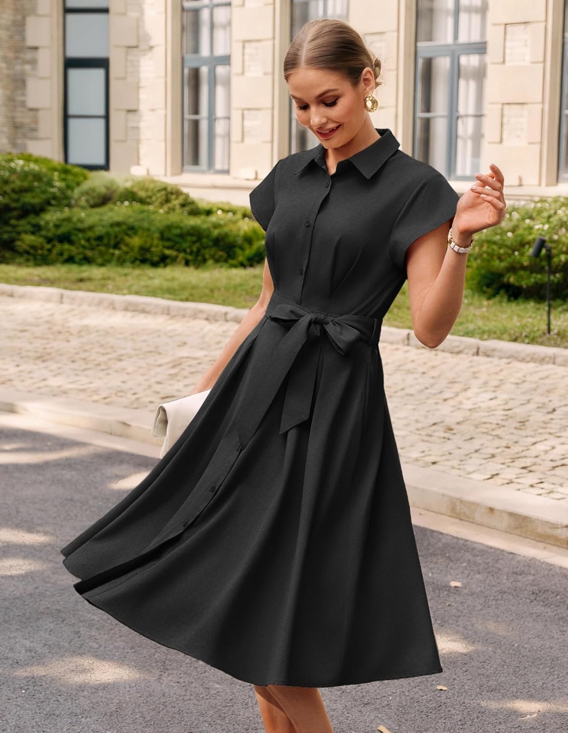 image:imageGRACE KARIN Womens Summer Work Business Casual Midi Shirt Dresses 2026 V Neck Short Sleeve Button Down Collared Belted A Line Dress with Pockets Funeral Office Church Wedding Guest OutfitsBlack