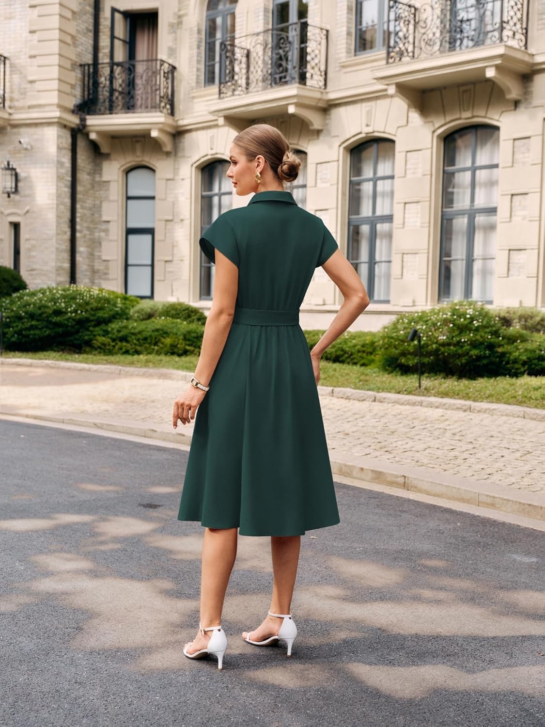 image:imageGRACE KARIN Womens Summer Work Business Casual Midi Shirt Dresses 2026 V Neck Short Sleeve Button Down Collared Belted A Line Dress with Pockets Funeral Office Church Wedding Guest OutfitsDark Green