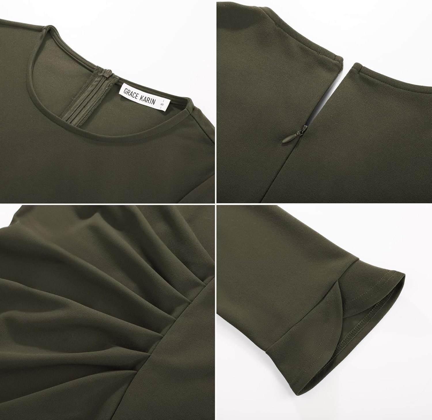 image:imageGRACE KARIN Work Dresses for Women 2026 34 Sleeve Sheath Business Dress Ruched Bodycon Church Cocktail OutfitsArmy Green