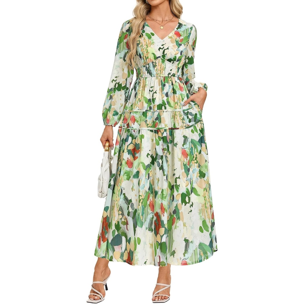 image:imageGRACE KARIN Womens Long Sleeve Floral Maxi Fall Dress 2026 High Waisted Pocket V Neck A Line Flowy Casual Modest Fall Fashion Outfit Clothes Suitable for Wedding GuestPartyDatesGreen Floral