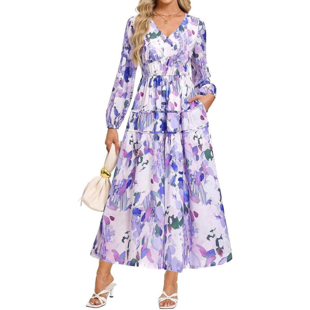 image:imageGRACE KARIN Womens Long Sleeve Floral Maxi Fall Dress 2026 High Waisted Pocket V Neck A Line Flowy Casual Modest Fall Fashion Outfit Clothes Suitable for Wedding GuestPartyDatesLight Purple Floral