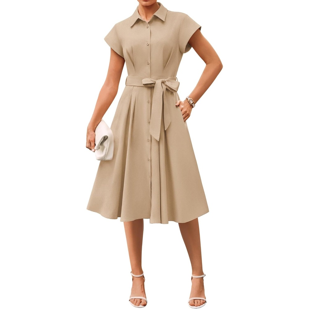 image:imageGRACE KARIN Womens Summer Work Business Casual Midi Shirt Dresses 2026 V Neck Short Sleeve Button Down Collared Belted A Line Dress with Pockets Funeral Office Church Wedding Guest OutfitsLight Khaki