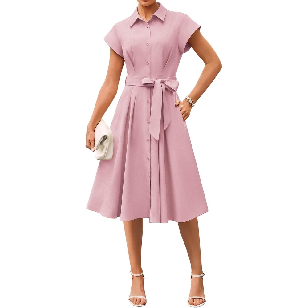 image:imageGRACE KARIN Womens Summer Work Business Casual Midi Shirt Dresses 2026 V Neck Short Sleeve Button Down Collared Belted A Line Dress with Pockets Funeral Office Church Wedding Guest OutfitsPink