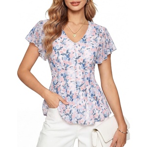 GRACE KARIN Women Boho Mesh Tops, Dressy Casual Ruffle Sleeve Blouses Floral Peplum Work Shirts, 2026 Summer Trendy Clothes(Gray Blue Floral)