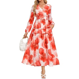 GRACE KARIN Womens Long Sleeve Floral Maxi Fall Dress 2026 | High Waisted Pocket V Neck A Line Flowy Casual Modest Fall Fashion Outfit Clothes Suitable for Wedding Guest/Party/Dates(Orange White Flower)