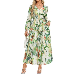 GRACE KARIN Womens Long Sleeve Floral Maxi Fall Dress 2026 | High Waisted Pocket V Neck A Line Flowy Casual Modest Fall Fashion Outfit Clothes Suitable for Wedding Guest/Party/Dates(Green Floral)