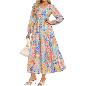 GRACE KARIN Womens Long Sleeve Floral Maxi Fall Dress 2026 | High Waisted Pocket V Neck A Line Flowy Casual Modest Fall Fashion Outfit Clothes Suitable for Wedding Guest/Party/Dates(Orange Pink Blue Flower)