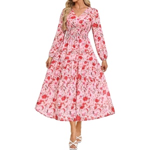 GRACE KARIN Womens Long Sleeve Floral Maxi Fall Dress 2026 | High Waisted Pocket V Neck A Line Flowy Casual Modest Fall Fashion Outfit Clothes Suitable for Wedding Guest/Party/Dates(Pink Floral)