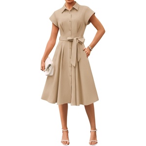 GRACE KARIN Womens Summer Work Business Casual Midi Shirt Dresses | 2026 V Neck Short Sleeve Button Down Collared Belted A Line Dress with Pockets Funeral Office Church Wedding Guest Outfits(Light Khaki)
