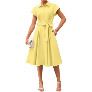 GRACE KARIN Womens Summer Work Business Casual Midi Shirt Dresses | 2026 V Neck Short Sleeve Button Down Collared Belted A Line Dress with Pockets Funeral Office Church Wedding Guest Outfits(Butter Yellow)