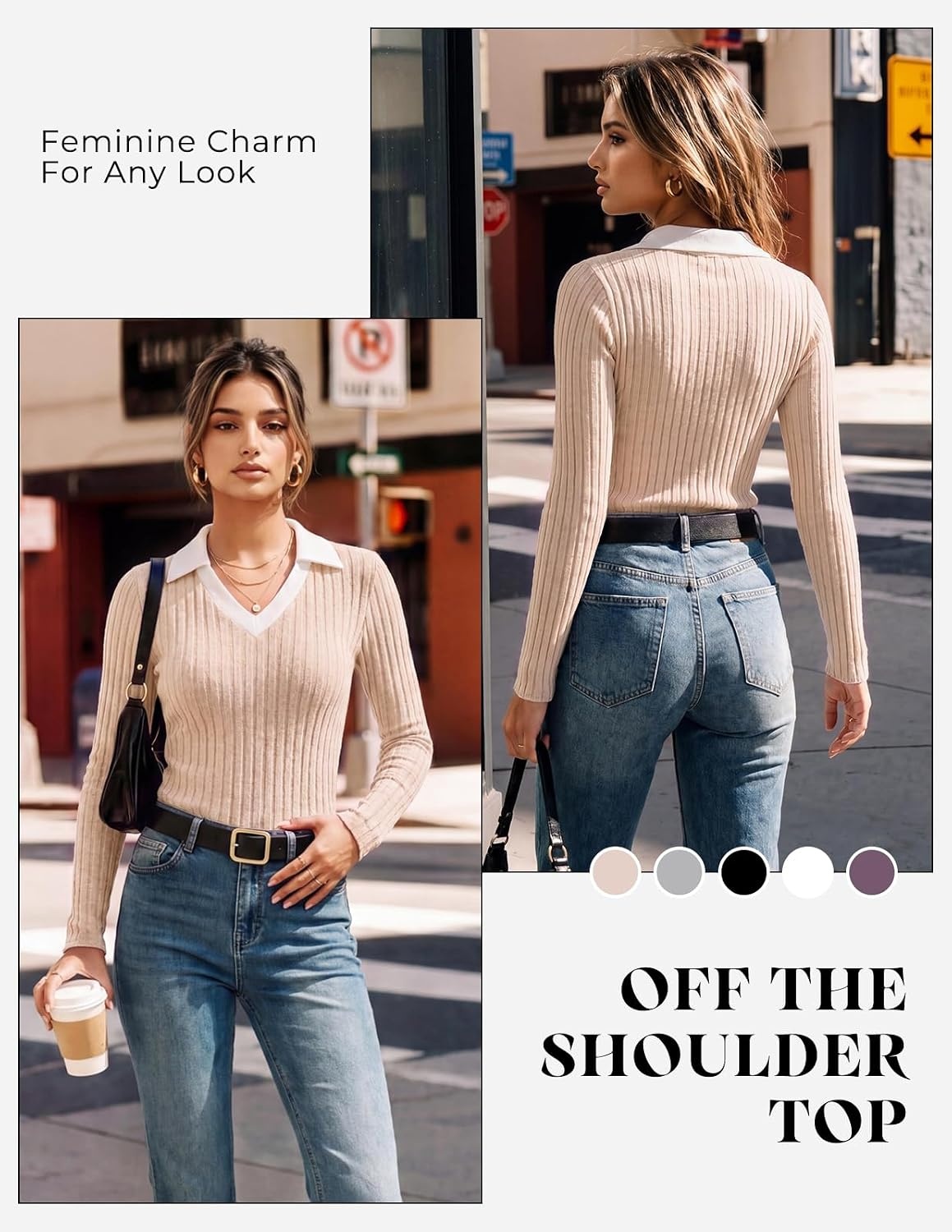 image:imageGRACE KARIN 2026 Womens Long Sleeve Polo Shirts V Neck Collared Ribbed Knit Slim Fit Business Casual Work Office TopsApricot