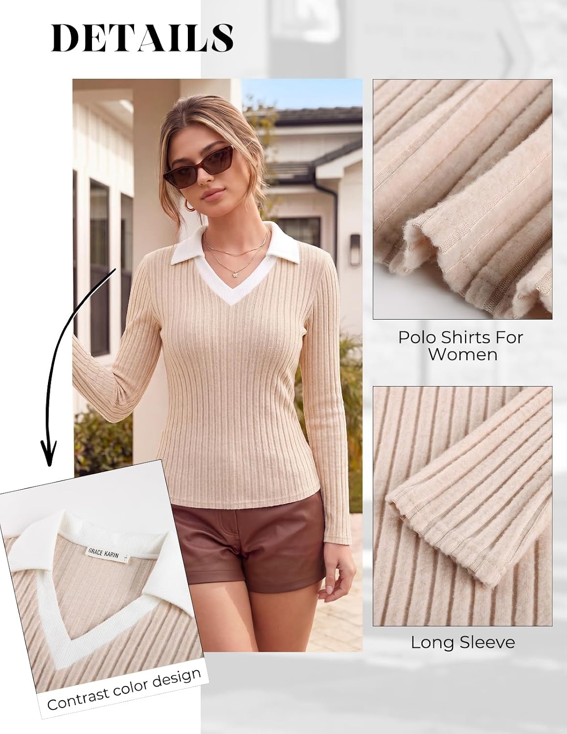 image:imageGRACE KARIN 2026 Womens Long Sleeve Polo Shirts V Neck Collared Ribbed Knit Slim Fit Business Casual Work Office TopsApricot