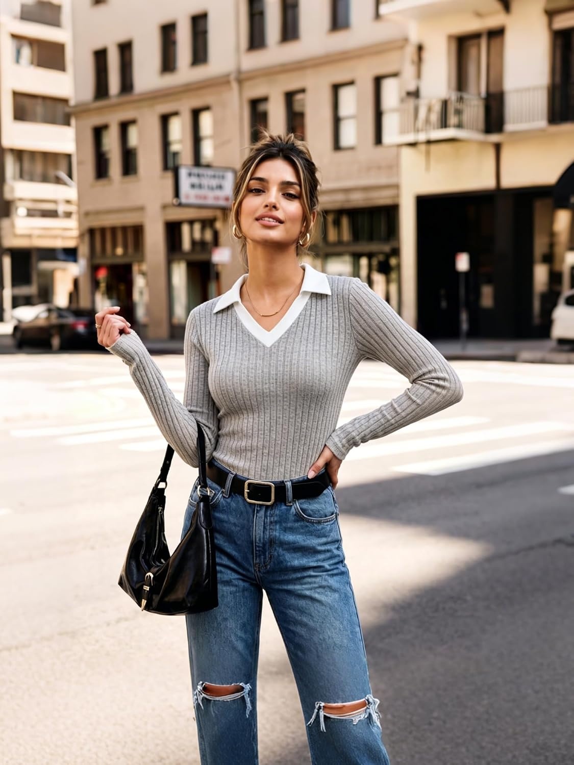 image:imageGRACE KARIN 2026 Womens Long Sleeve Polo Shirts V Neck Collared Ribbed Knit Slim Fit Business Casual Work Office TopsGray
