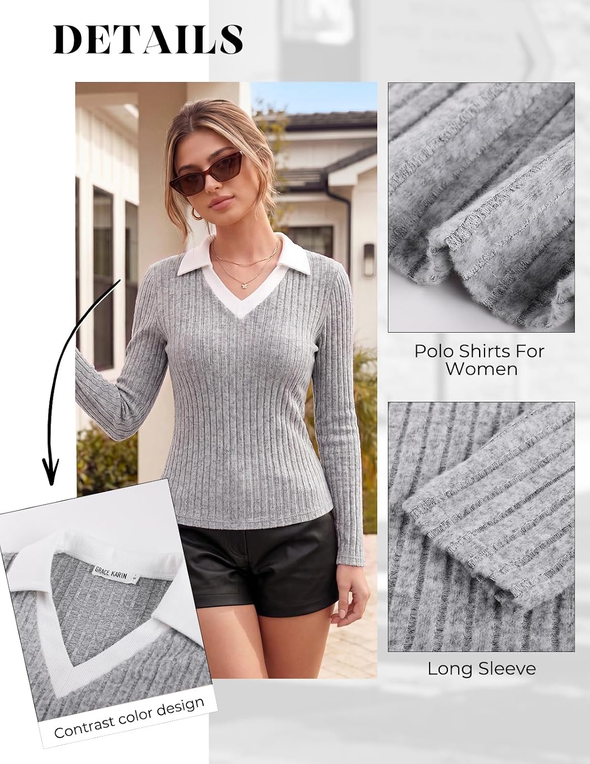 image:imageGRACE KARIN 2026 Womens Long Sleeve Polo Shirts V Neck Collared Ribbed Knit Slim Fit Business Casual Work Office TopsGray