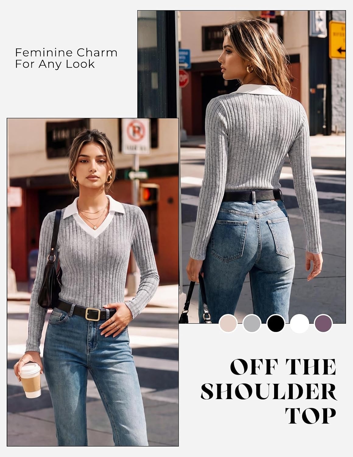 image:imageGRACE KARIN 2026 Womens Long Sleeve Polo Shirts V Neck Collared Ribbed Knit Slim Fit Business Casual Work Office TopsGray